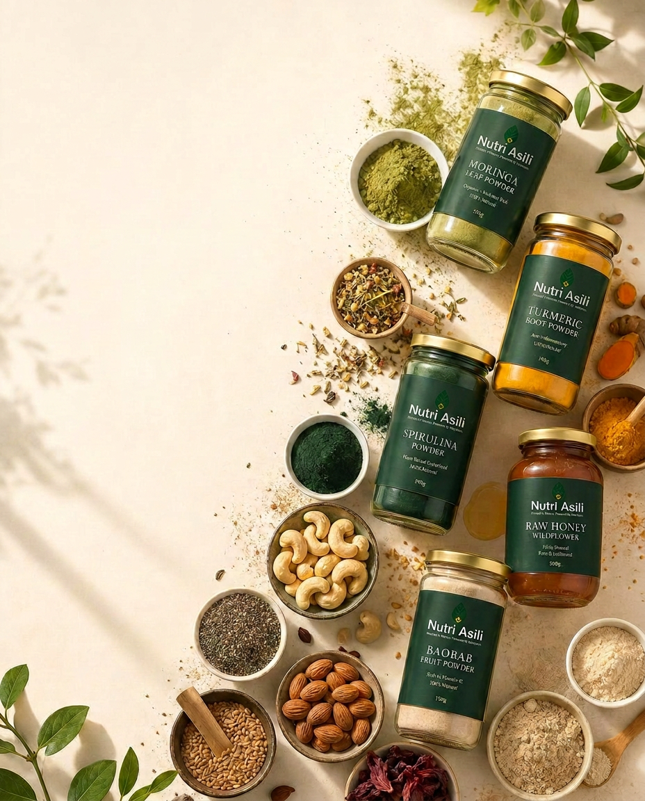 Assortment of NutriAsili natural foods, superfood powders and honey